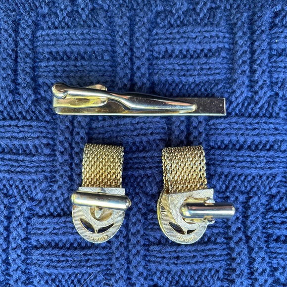 Vintage SWANK MESH WRAP CUFFLINKS & TIE BAR SET With Tigers Eye Stone - Picture 2 of 7